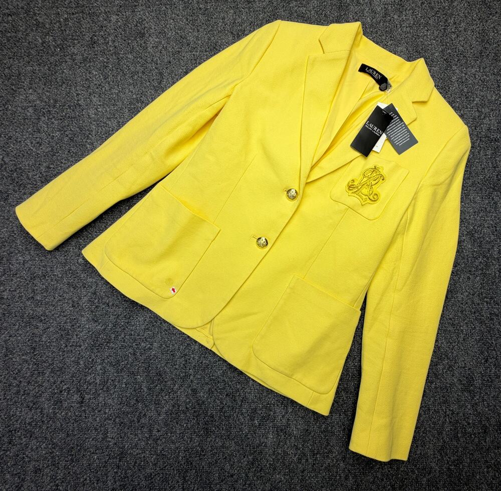Lauren Ralph Lauren Womens Blazer M Yellow Crest Gold Buttons Cotton NWT